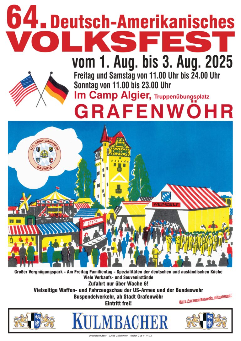 Werbeplakat des Deutsch-Amerikanischen Gemeinsamen Ausschuss (DAGA) anlässlich des 64. Deutsch-Amerikanischen Volksfest Grafenwöhr 2025. — Bild: DAGA e.V. Grafenwöhr