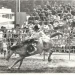 Rodeo-Reiten auf dem Deutsch-Amerikanisches Volksfest Grafenwöhr in den 1970ern. Es ist ein traditioneller Wettbewerbssport aus Nordamerika, der seinen Ursprung im Arbeitsalltag von Cowboys und Viehhirten hat. - Bild: Kultur- und Militärmuseum Grafenwöhr